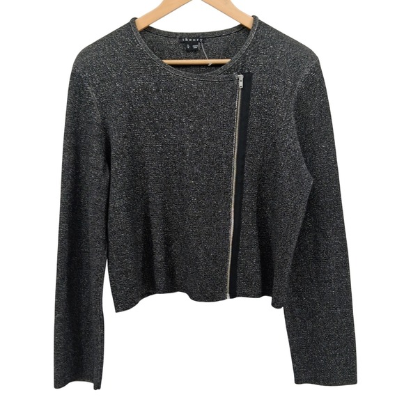 Theory Jackets & Blazers - Theory Lioralee Prosecco Jacket Sz Large Gray Metallic Knit Asymmetric Zip‎ Moto